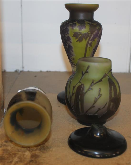 Two Galle style vases and a damaged Galle thistle vase(-)